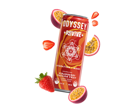 Sip into Bliss with Odyssey Elixir Strawberry Passion Fruit Sparkling Mood & Hydration Drink