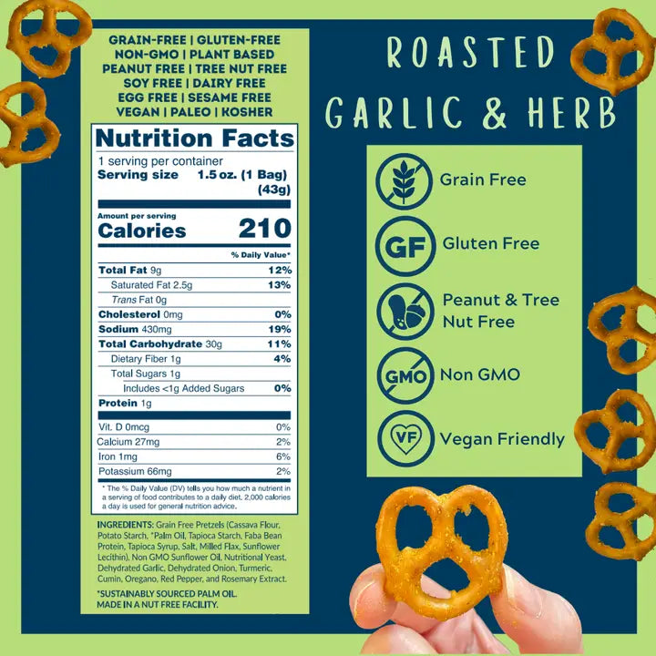 Roasted Garlic & Herb Grain Free Pretzels Mini Bags